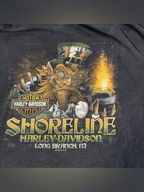 Harley Davidson Leprechaun Shirt Men’s Large Black Y2K Double Sided Horror Faded